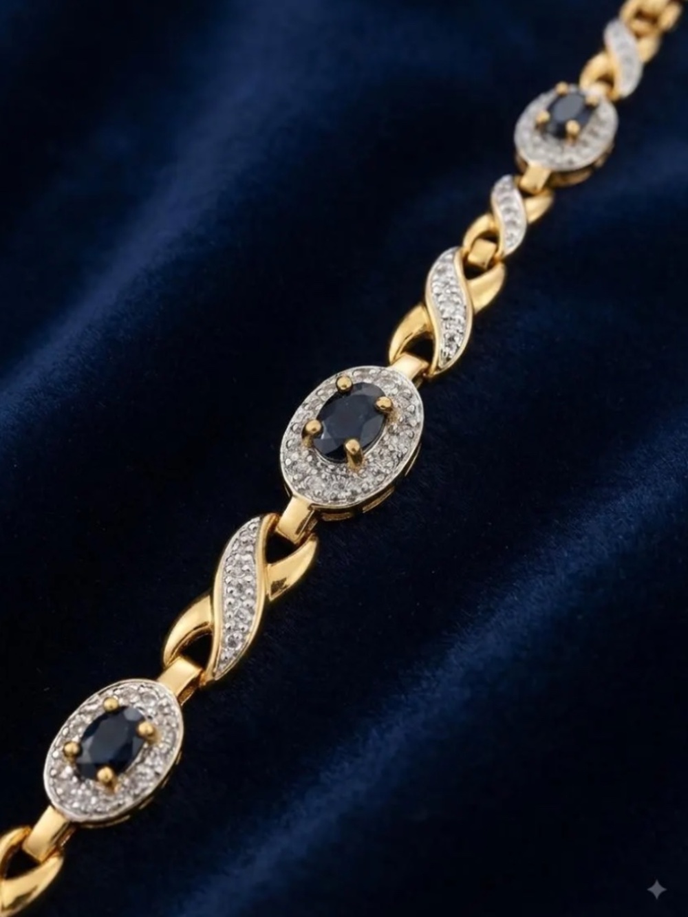 925 Sterling Silver Gold Tone Bracelet | Blue Oval Stones & Crystal Accents